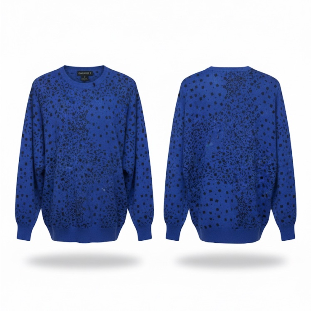 Doncaster Geometric Blue and Black Crewneck Sweater Wool Size Medium